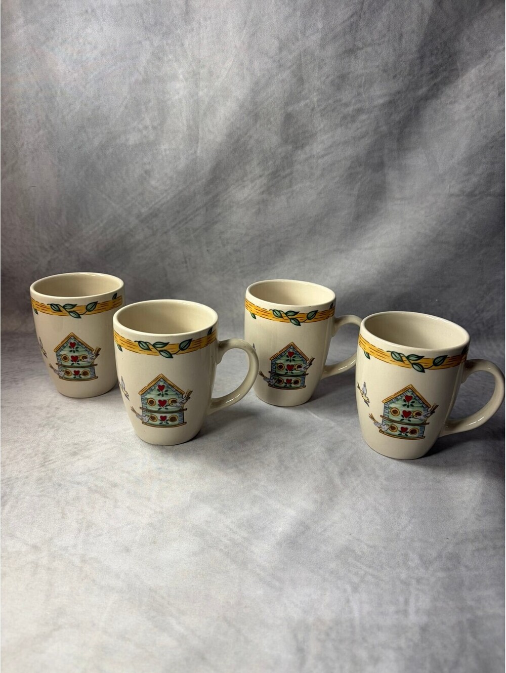 Thomson Pottery Birdhouse Floral Mugs Set of 4 Country Cottage Ceramic